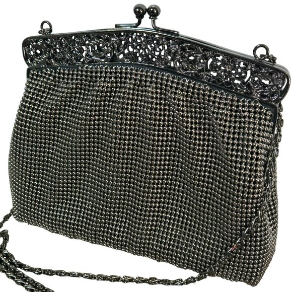 Vintage Talbots Black Beaded Evening Purse With Ornate Metal Frame & Chain Strap - Picture 2 of 10